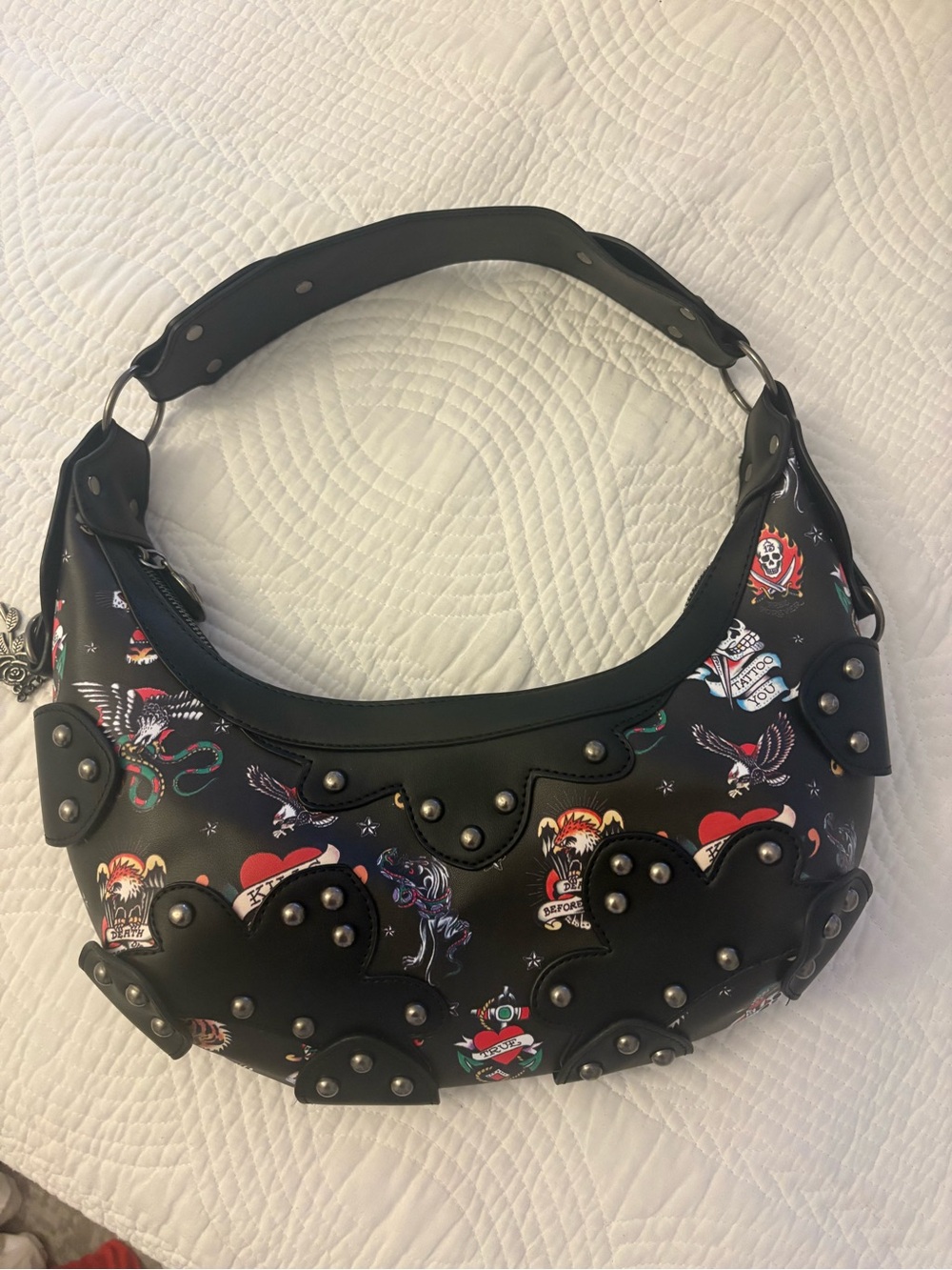 EdHardy Black Studded Tattoo-Print Hobo Shoulder Bag